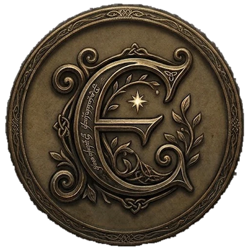 The Eriador seal: an ornate bronze letter E on a knotwork medallion